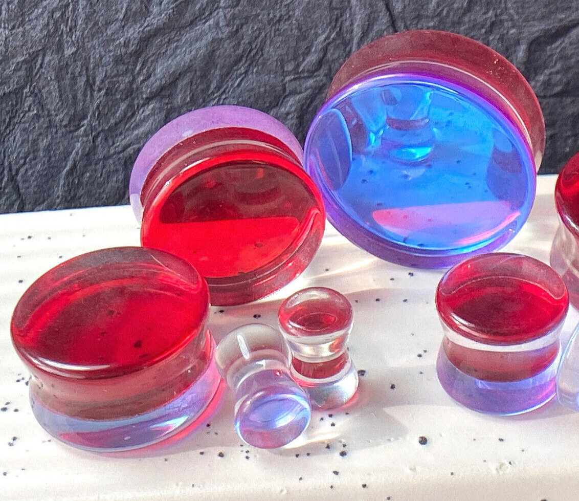 PAIR Red Iridescent Glass Double Flare Plugs Gauges Tunnels Body Jewelry