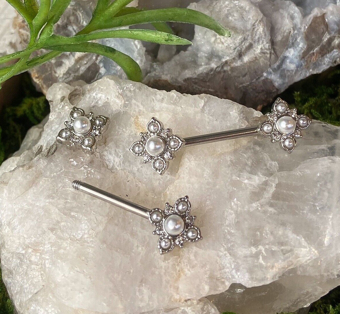 PAIR Pearl & Crystal Paved Flower Ends Nipple Rings Shields Vintage Barbells