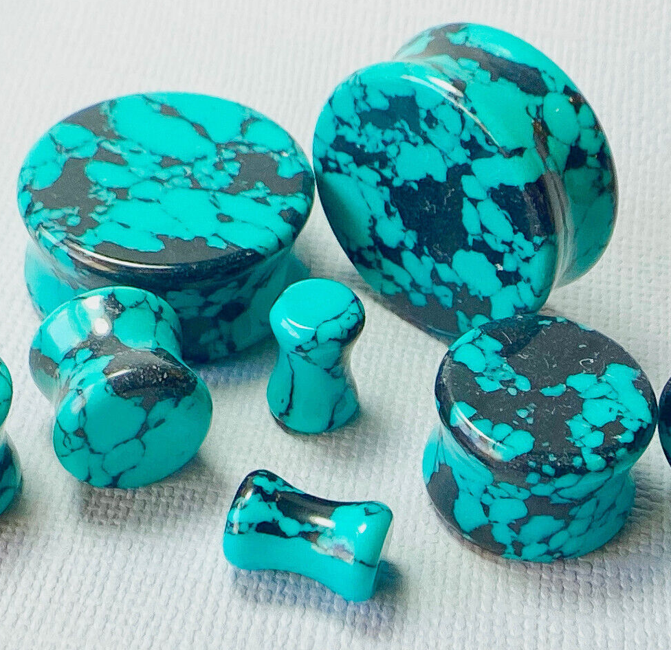 PAIR Black & Teal Synthetic Turquoise Stone Plugs Earlets Tunnels Gauges Jewelry