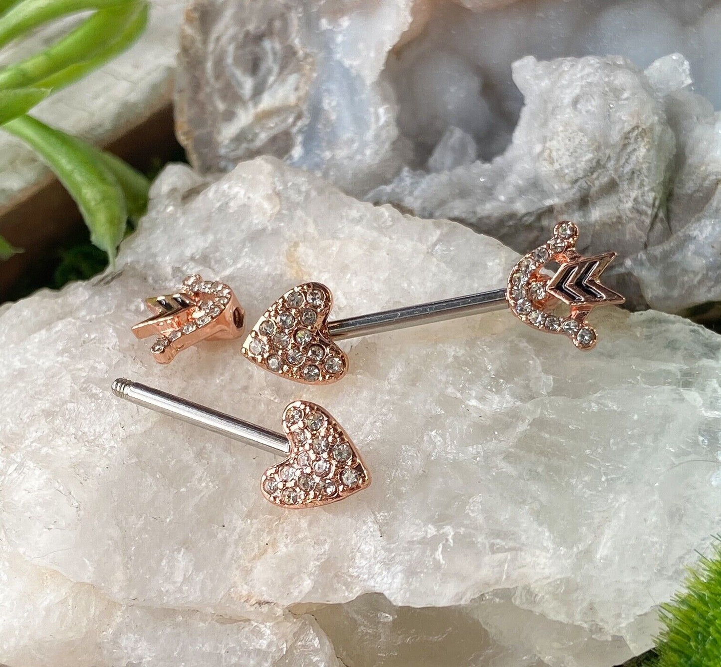 PAIR CZ Paved Heart Arrow Nipple Rings Shield Barbells 14g Body Piercing Jewelry
