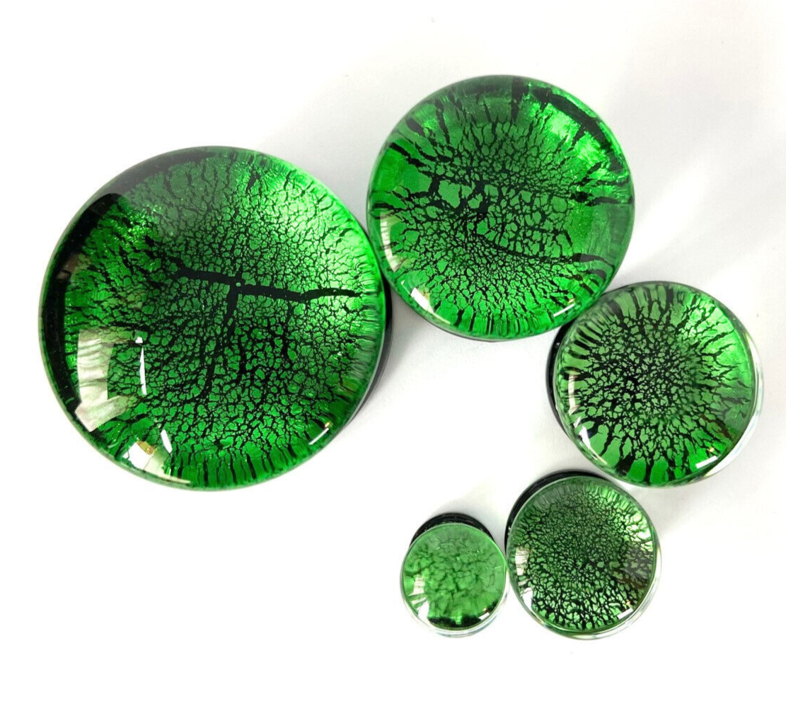 PAIR Green & Black Fracture Design Glass Plugs Double Flare Gauge Body Jewelry