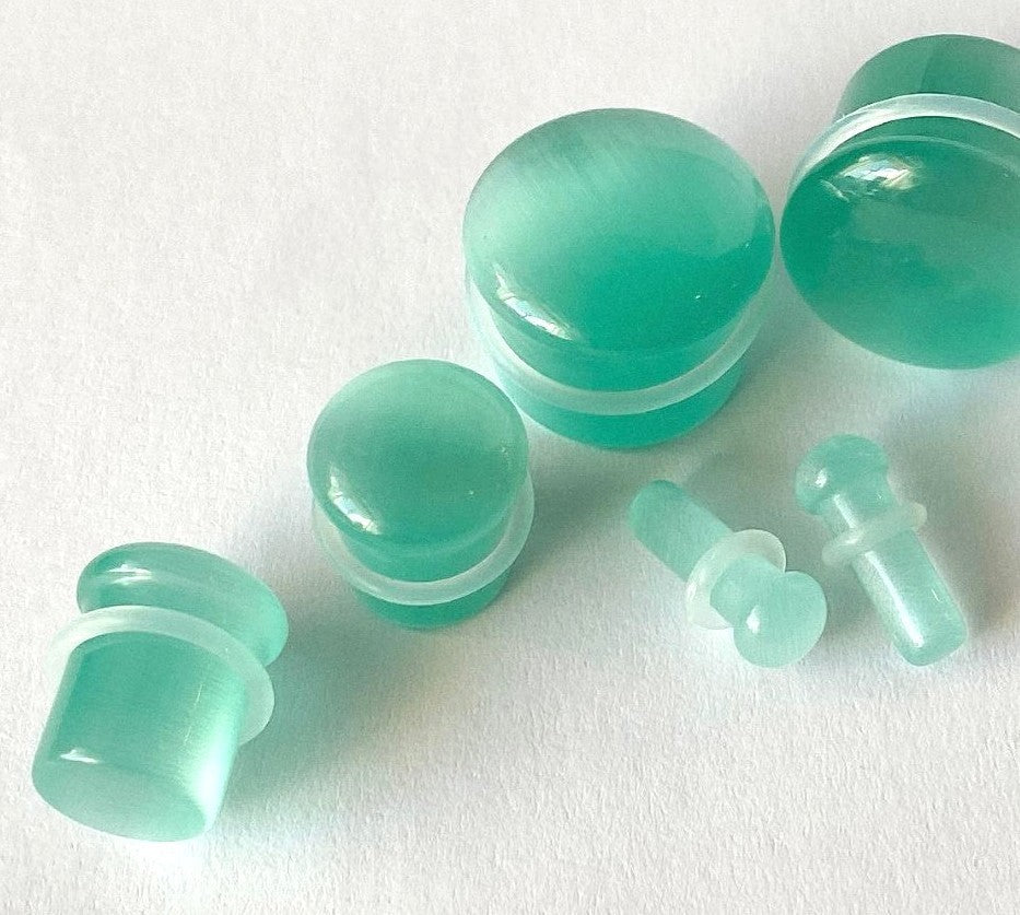 PAIR Seafoam Cat Eye Stone Plugs Single Flare Tunnels Earlet Gauges Body Jewelry