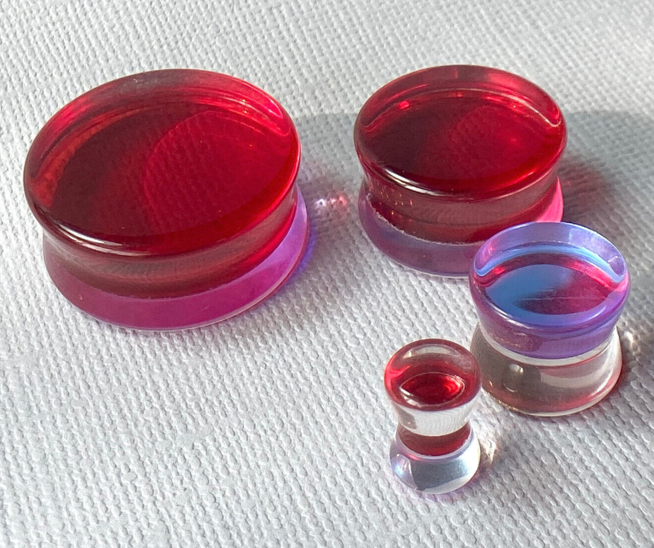 PAIR Red Iridescent Glass Double Flare Plugs Gauges Tunnels Body Jewelry