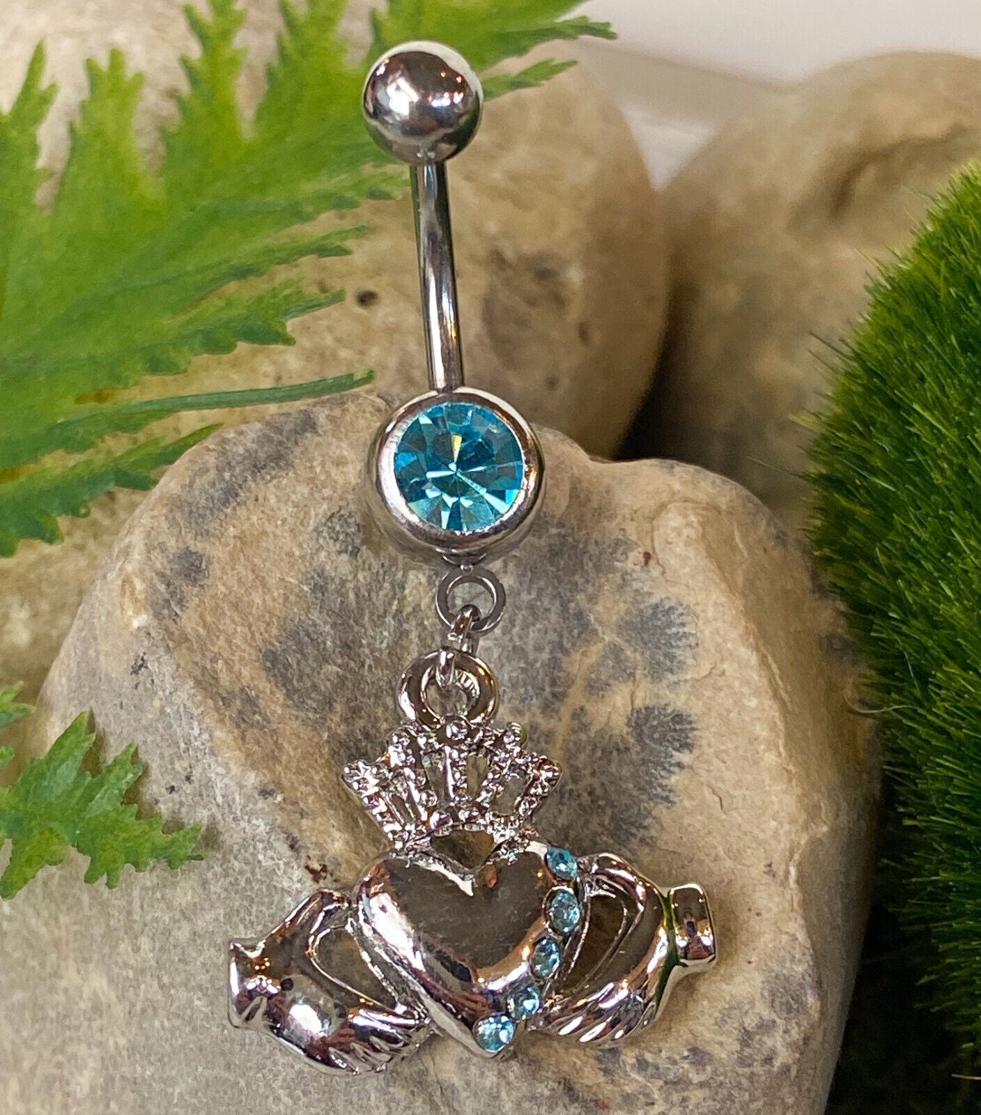 Irish Claddagh Dangle Gem Belly Ring Navel Naval Heart Crown