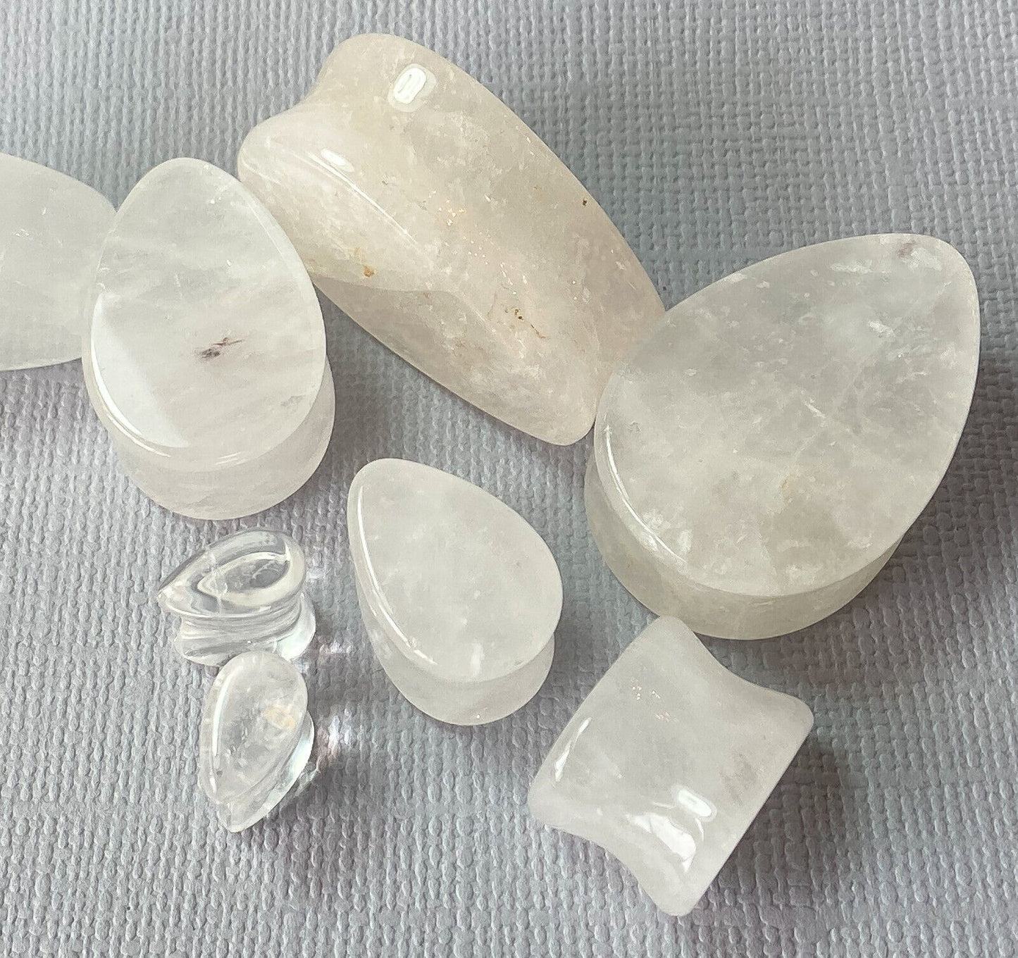 PAIR Clear Quartz Natural Stone Tear Drop Double Flare Plugs Organic Gauges