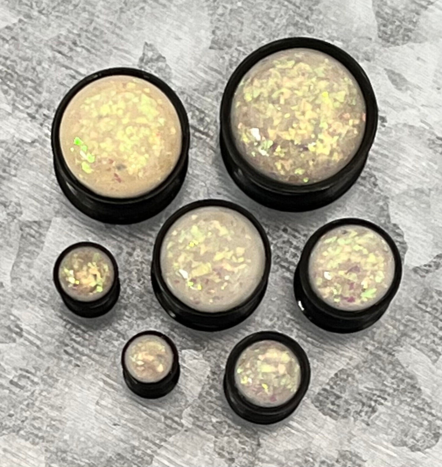 PAIR Synthetic Opal Black Plated Double Flare Tunnels Ear Plugs Earlets Gauges