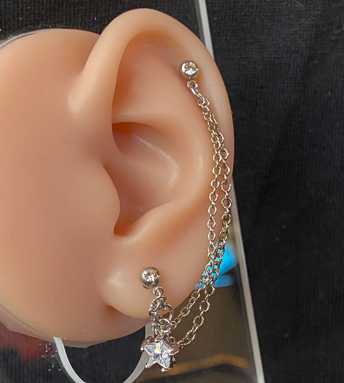 Steel Double Chain Linked Gem Star Ring Cartilage Tragus Helix Barbell Jewelry