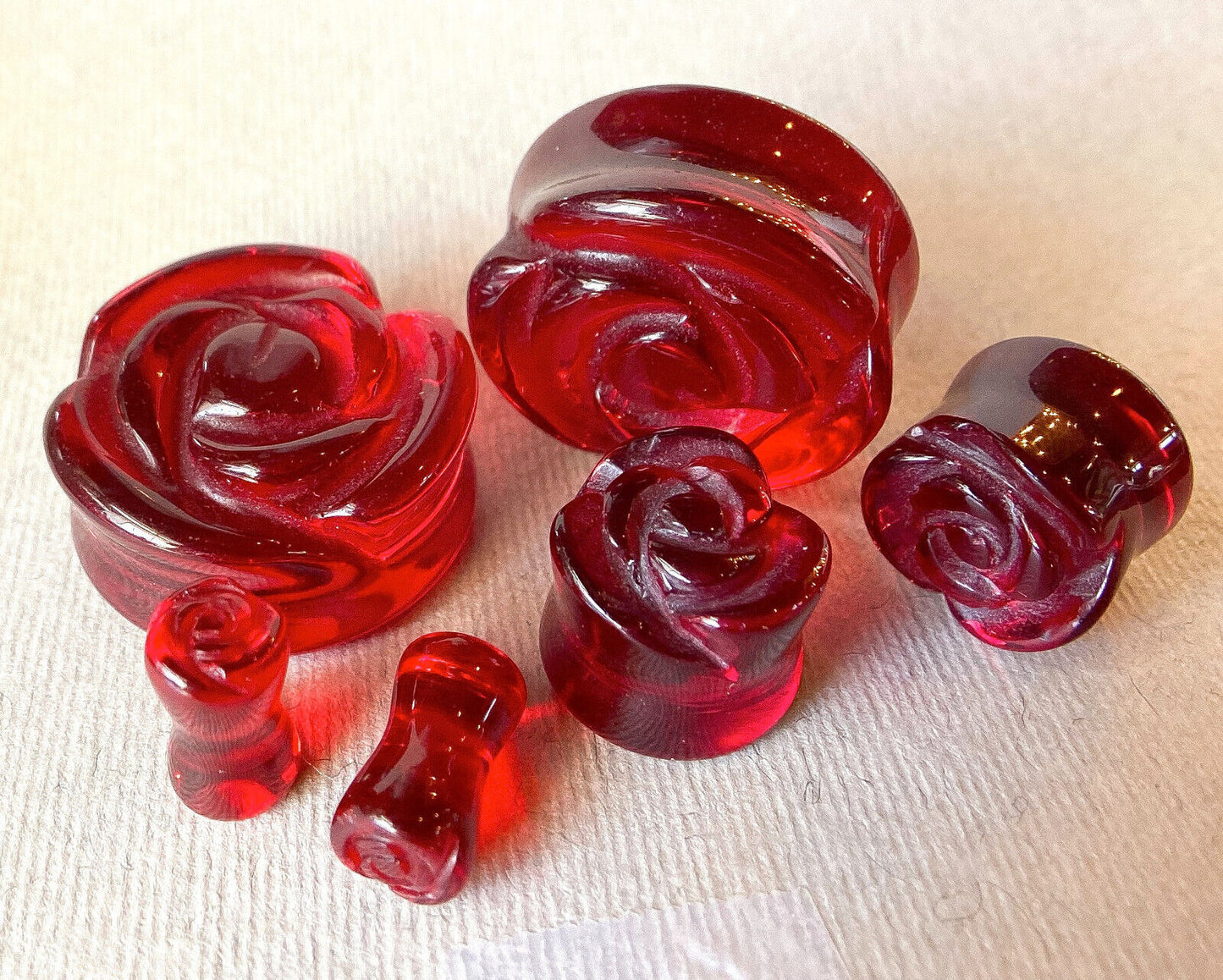 PAIR Carved Rose Flower Red Glass Double Flare Plugs Gauges Tunnels Jewelry