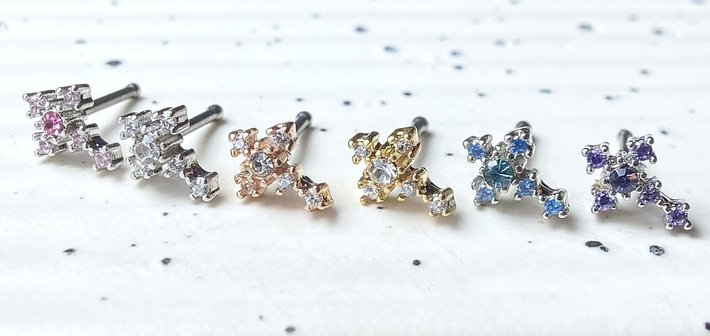1pc CZ Gem Cross 20g Nose Ring Stud Bone 316L Surgical Steel