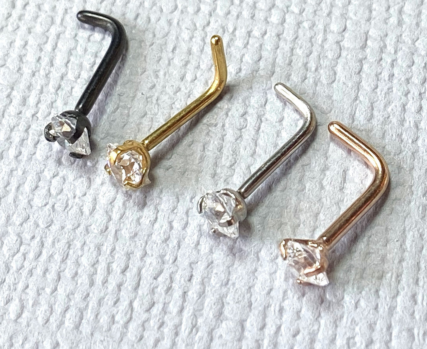 1pc L-Bend Nose Ring Prong Set Clear Heart Gem Ion Plated 316L Surgical Steel