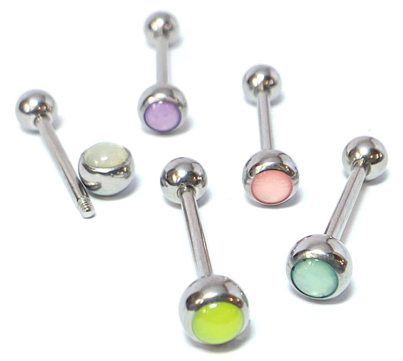 5pc Value Pack Illuminating Stone Tongue Rings 14g Steel Tounge Body Jewelry