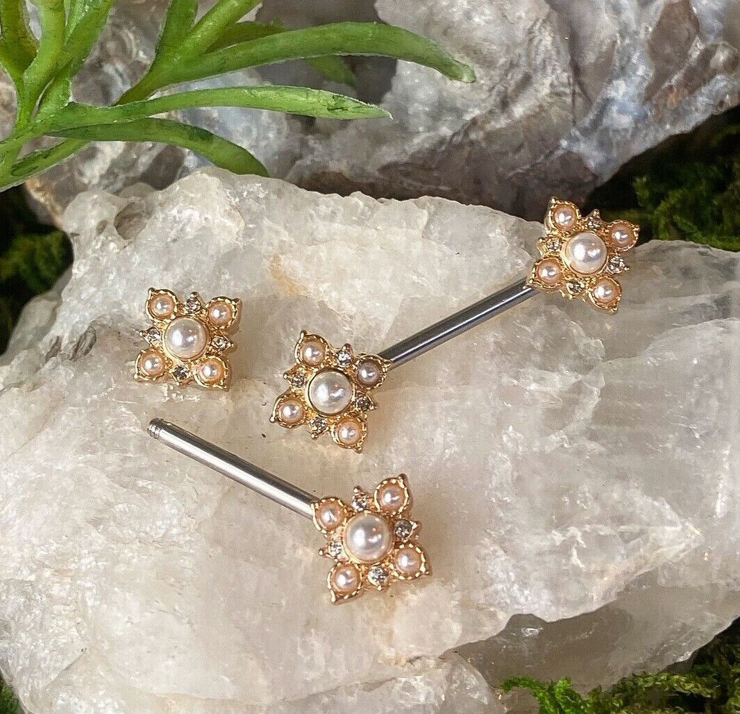 PAIR Pearl & Crystal Paved Flower Ends Nipple Rings Shields Vintage Barbells