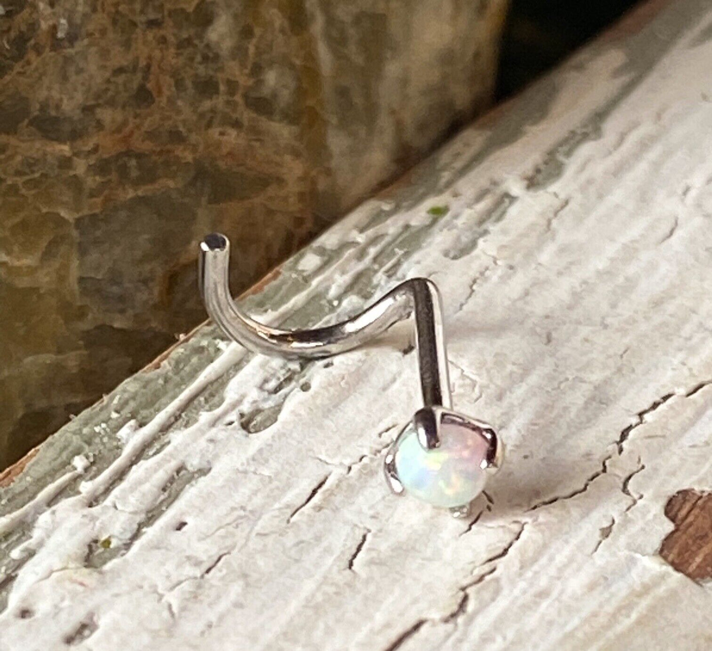 1pc 14kt Yellow or White Gold Opal Nose Ring Screw 20g Nostril Body Jewelry