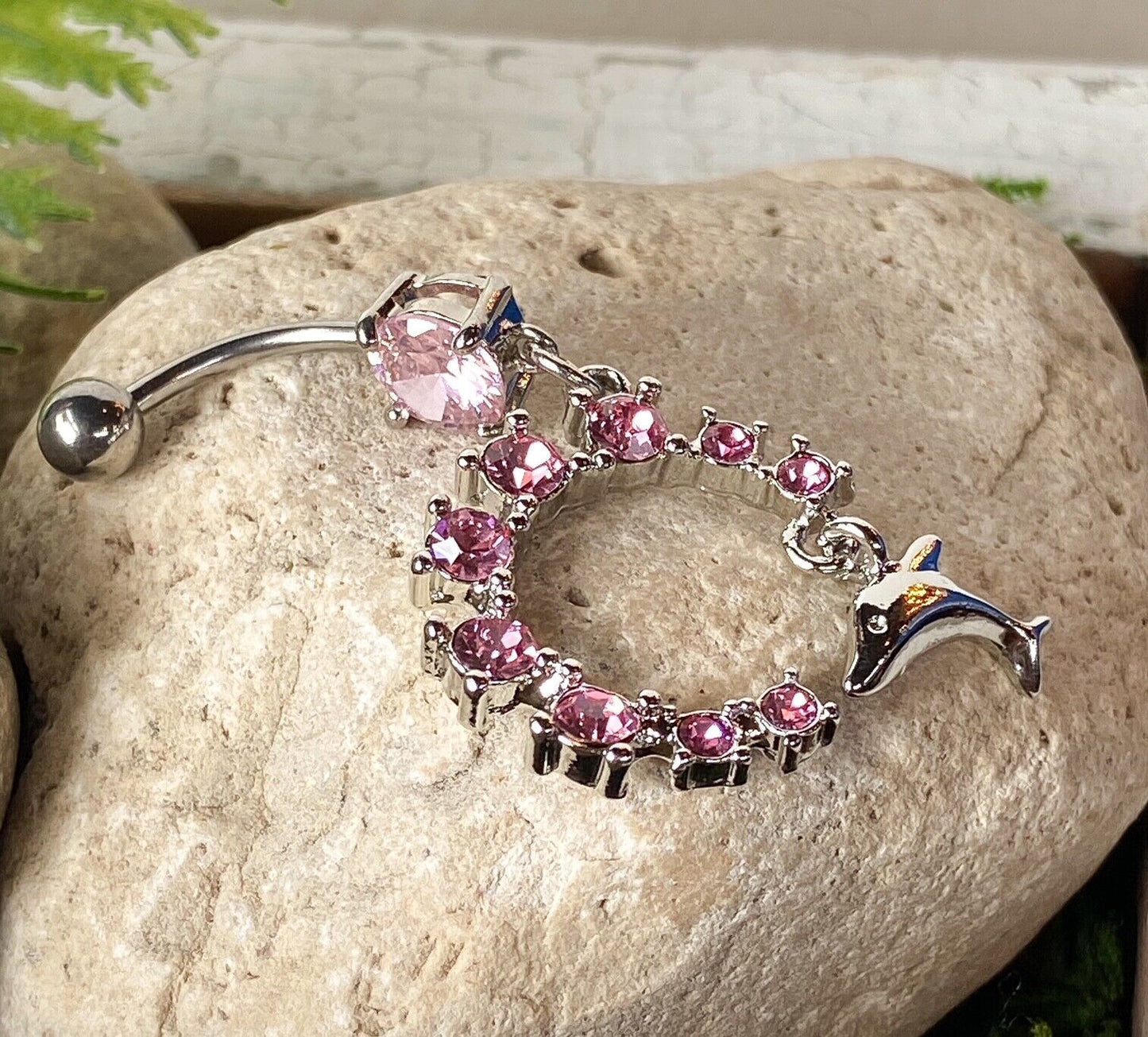 Dolphin Dangle Semi Circle CZ Gem Belly Ring Navel Naval Semi-Circle