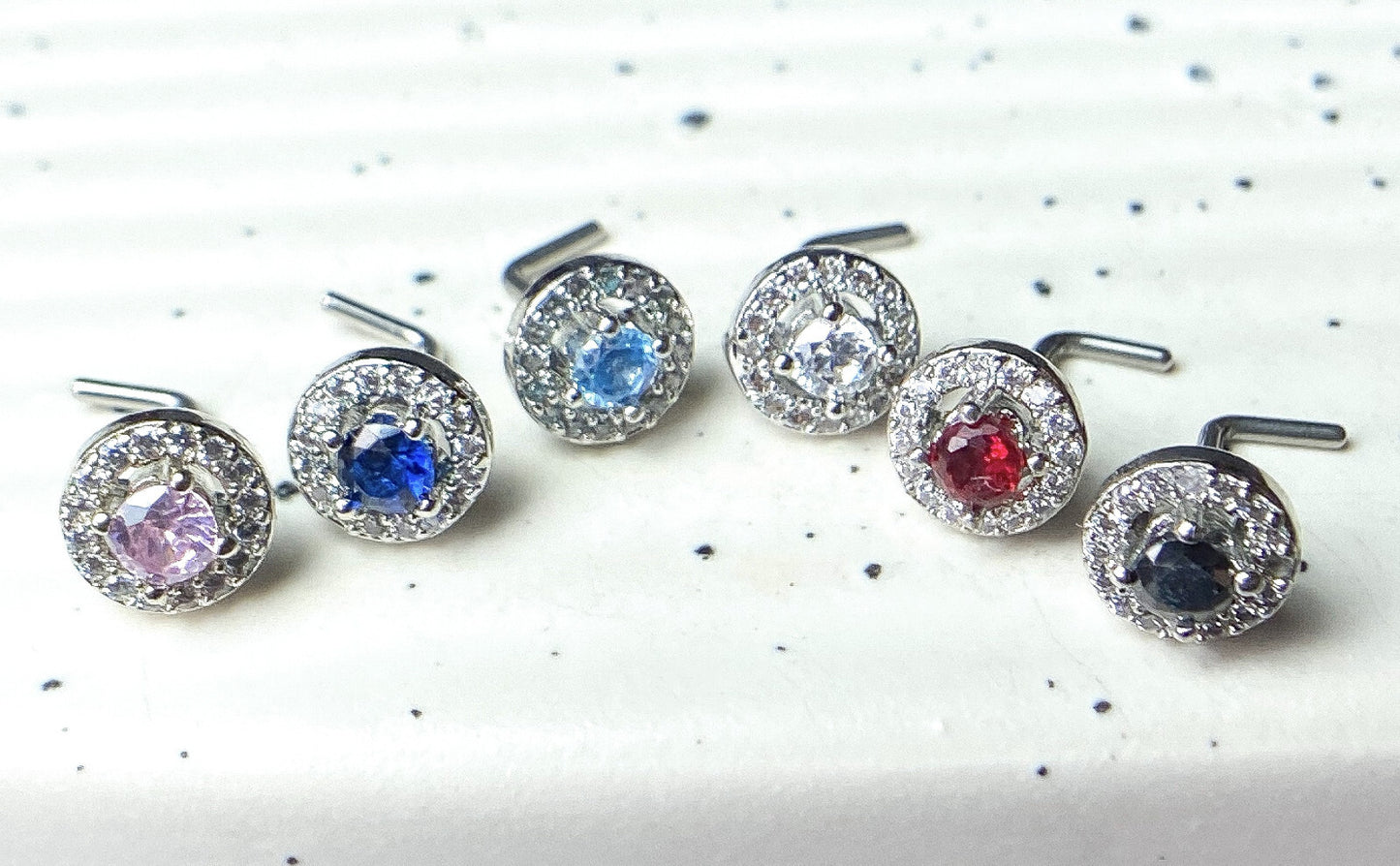 1pc Double Tier CZ Gem L-Bend 20g Nose Ring Stud Screw 316L Surgical Steel