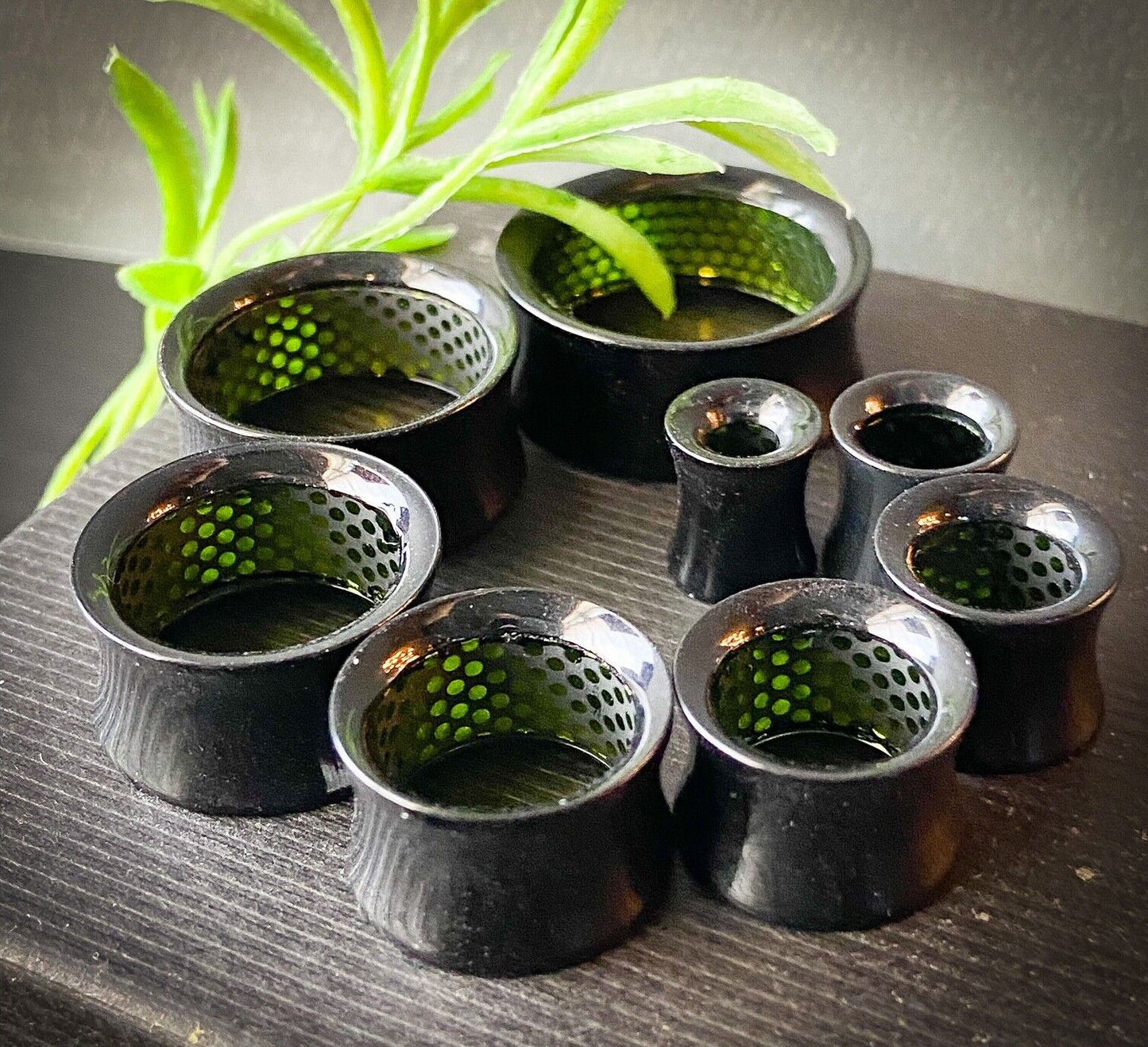 PAIR Inner Green Dotted Pattern Decal Black Acrylic Saddle Tunnels Plugs Gauges