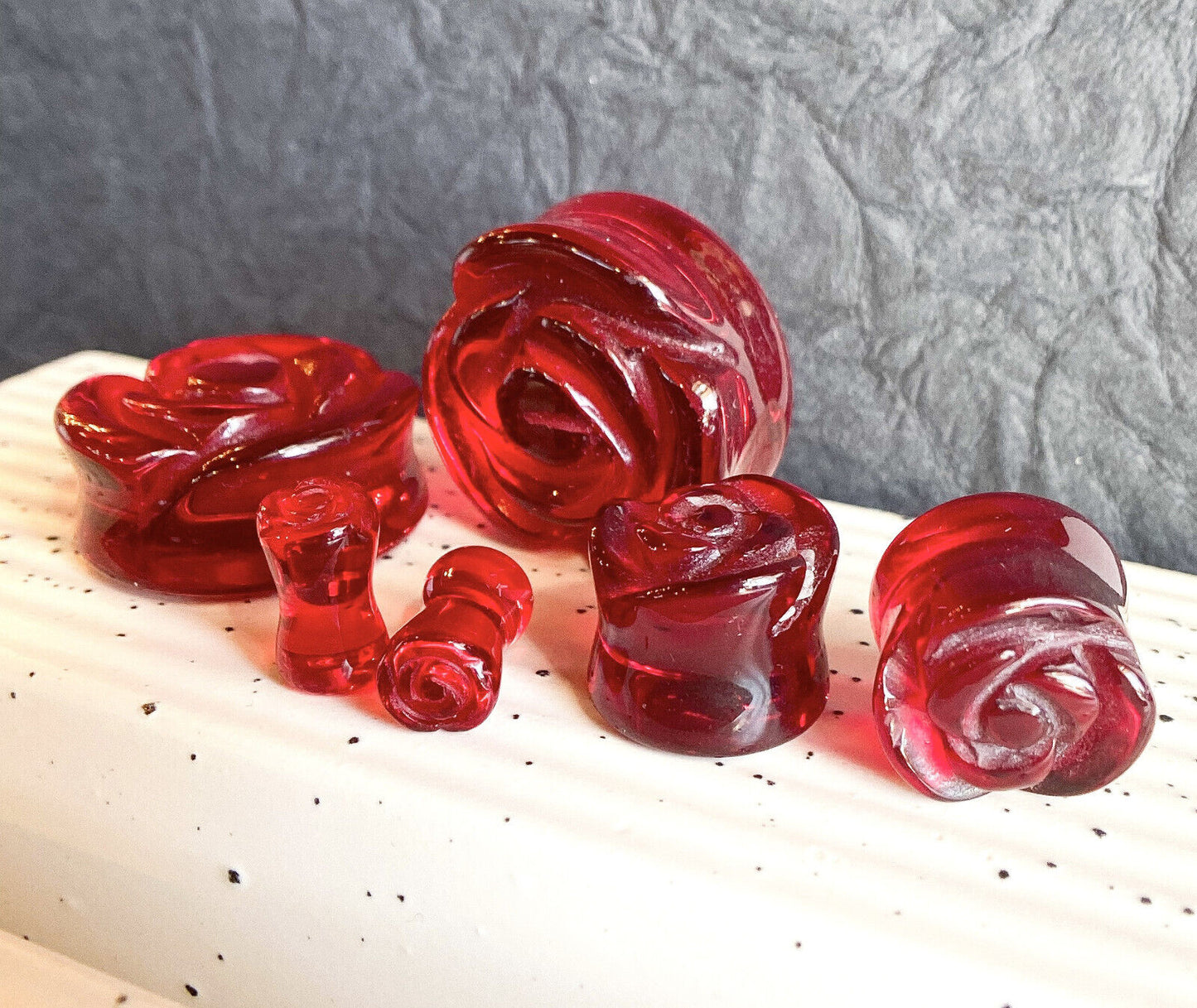 PAIR Carved Rose Flower Red Glass Double Flare Plugs Gauges Tunnels Jewelry