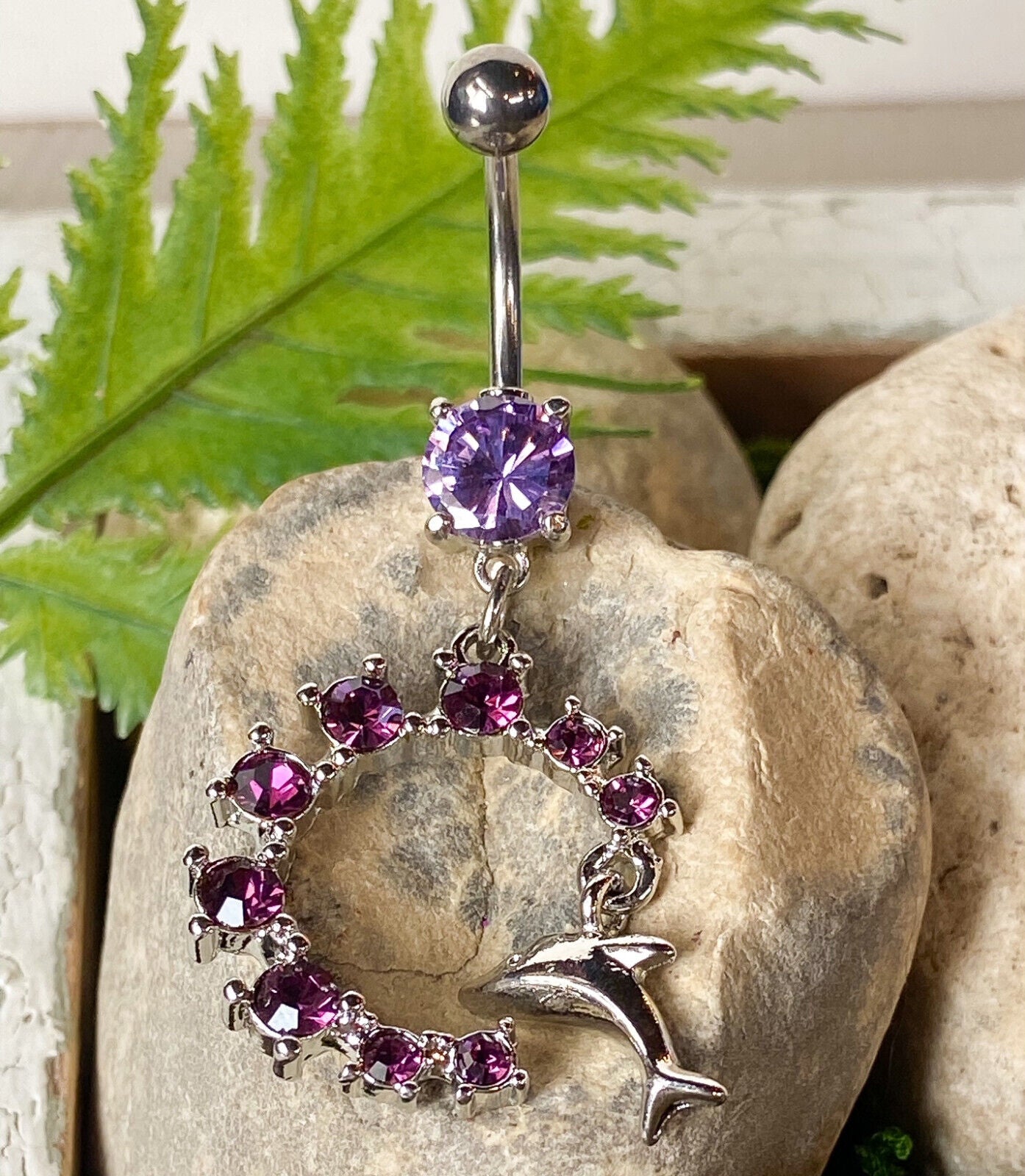 Dolphin Dangle Semi Circle CZ Gem Belly Ring Navel Naval Semi-Circle