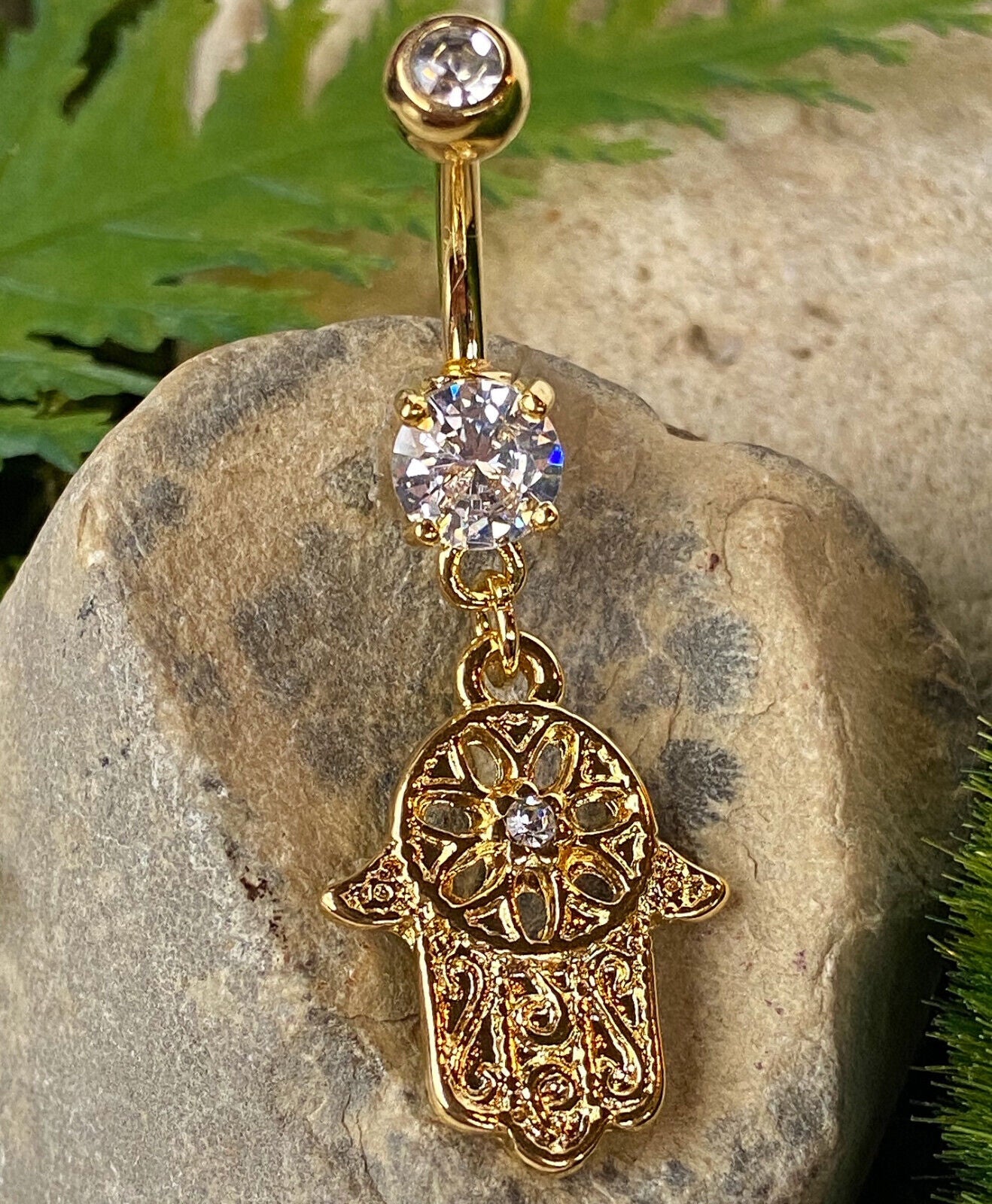 Beaded Outline Hamsa Belly Ring Gem CZ Dangle Pierced Navel Naval