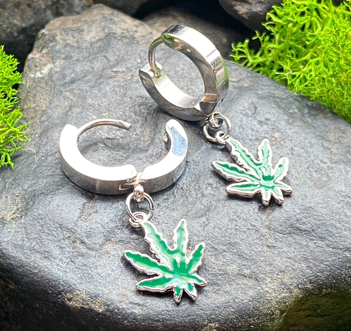PAIR of Pot Leaf Dangle Hinged Hoop Earrings Huggies Marijuana 18g Steel