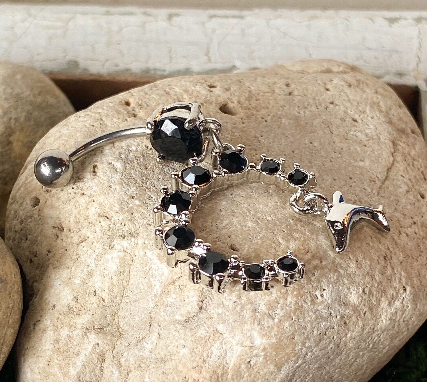 Dolphin Dangle Semi Circle CZ Gem Belly Ring Navel Naval Semi-Circle