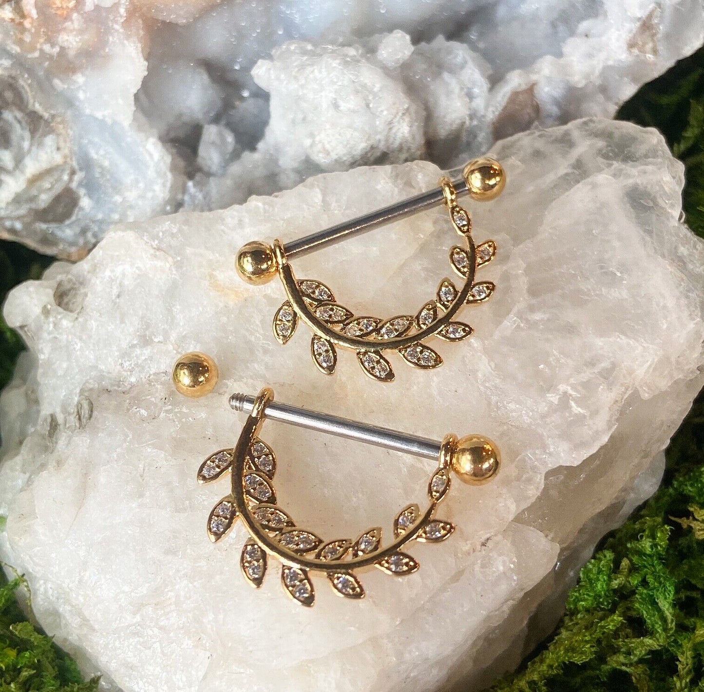 PAIR Gem Paved Leaf Dangle Nipple Rings Shields Piercing Pierced Body Jewelry