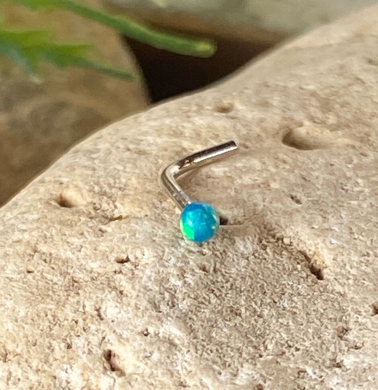 1pc 14kt White Gold 20g Opal Ball L-Bend Nose Ring Nostril Piercing Stud Screw