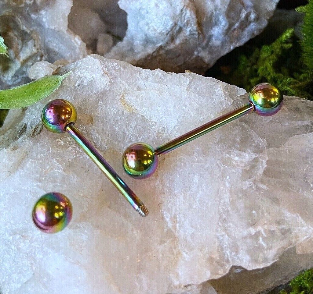 PAIR Rainbow Titanium Nipple Barbells Tongue Rings 14g Piercing Piered Jewelry
