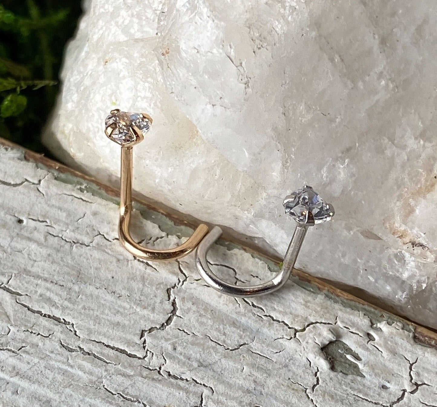 14kt Solid Gold Nose Ring w/CZ Gem Heart 20g 20 gauge stud screw bone white