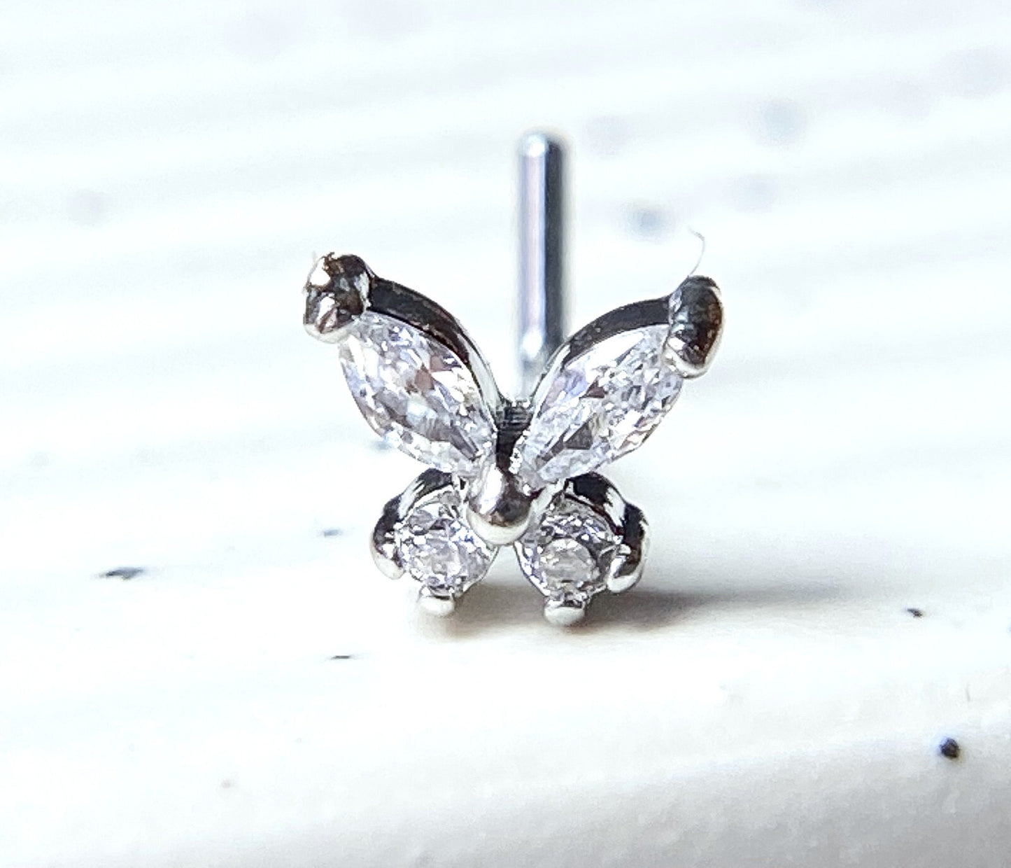 1pc CZ Gem Butterfly L-Bend 20g Nose Ring Stud Screw 316L Surgical Steel