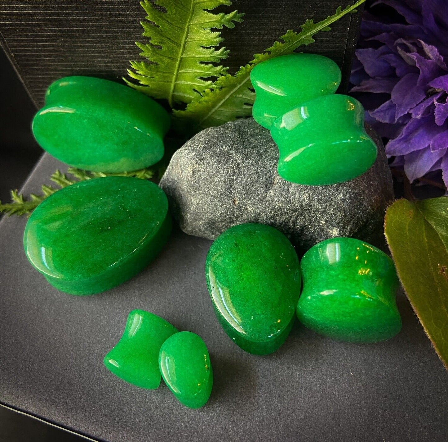 PAIR Dye Enhanced Real Green Jade Teardrop Stone Plugs Gauges Organic Piercing Body Jewelry