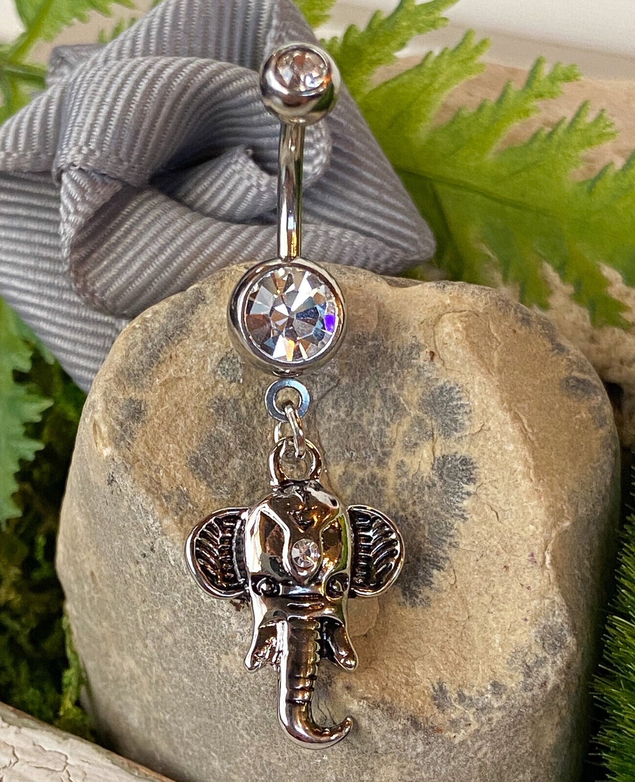 1pc Elephant Dangle Double CZ Gem Belly Ring Pierced Navel Naval