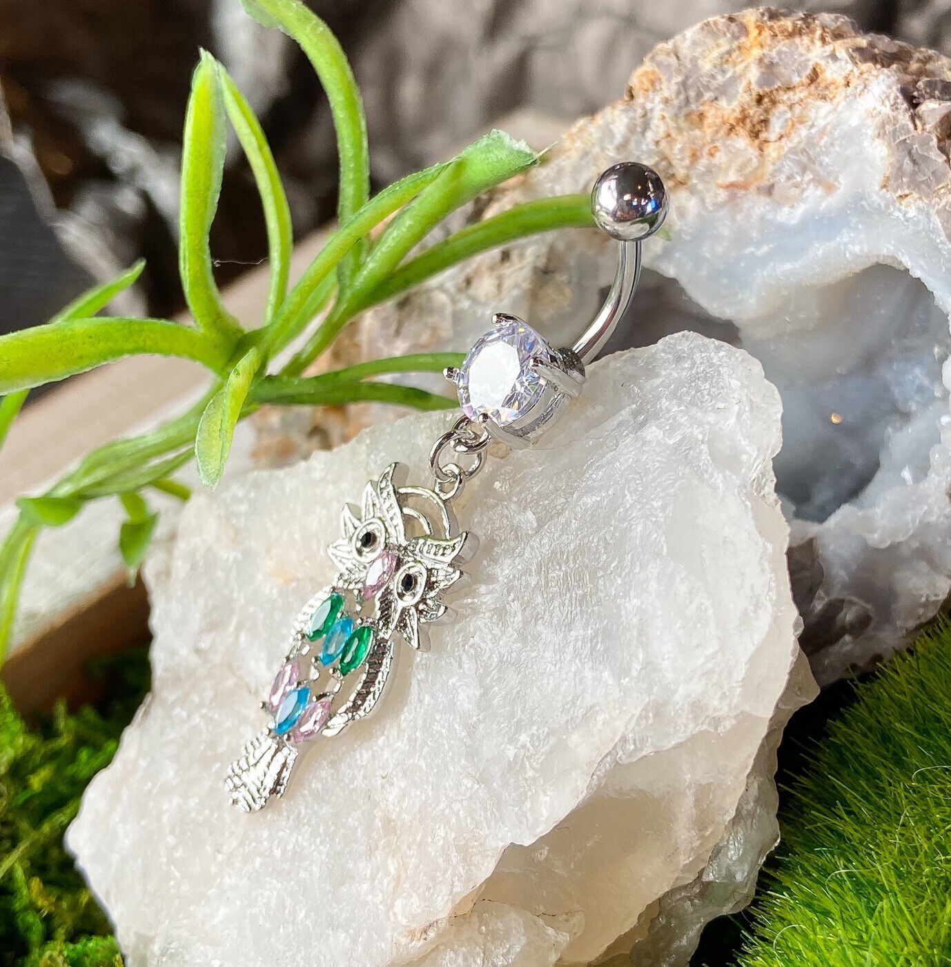 Owl Multicolor CZ Gems Dangle Belly Ring Navel Piercing Pierced Naval Jewelry