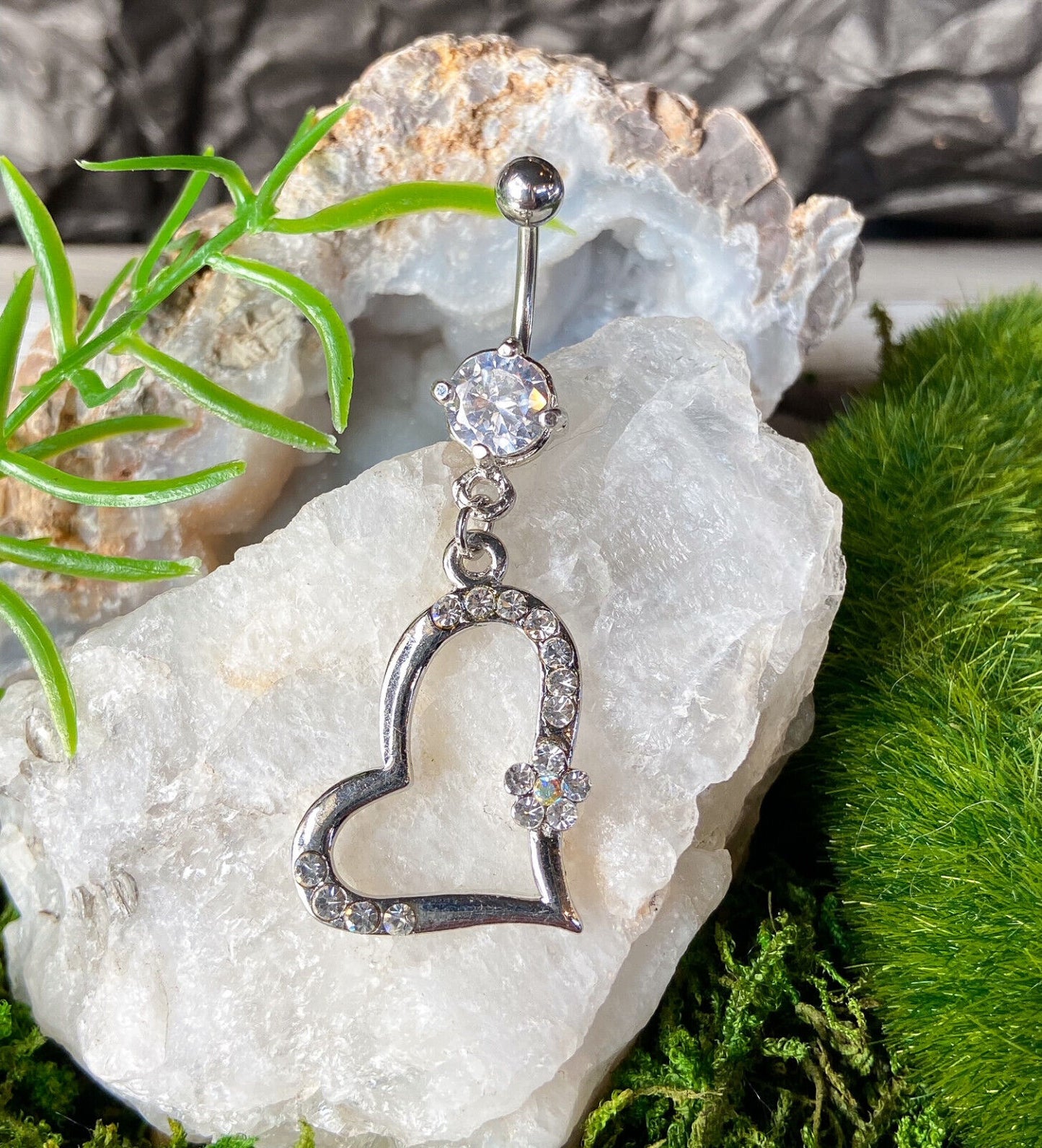 1pc Heart Dangle w/ Flower CZ Gem Belly Ring Navel Piercing Naval Body Jewelry