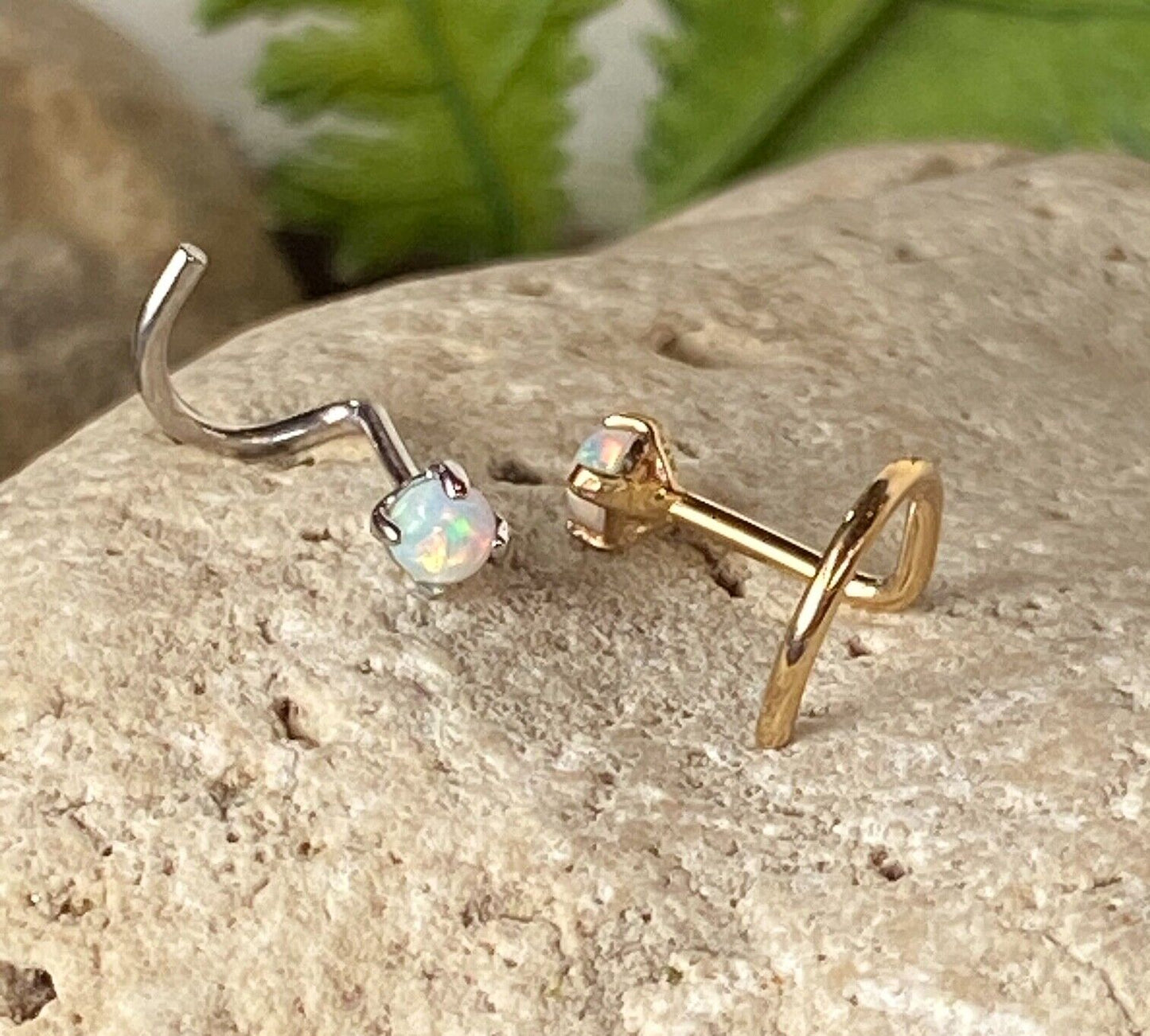 1pc 14kt Yellow or White Gold Opal Nose Ring Screw 20g Nostril Body Jewelry