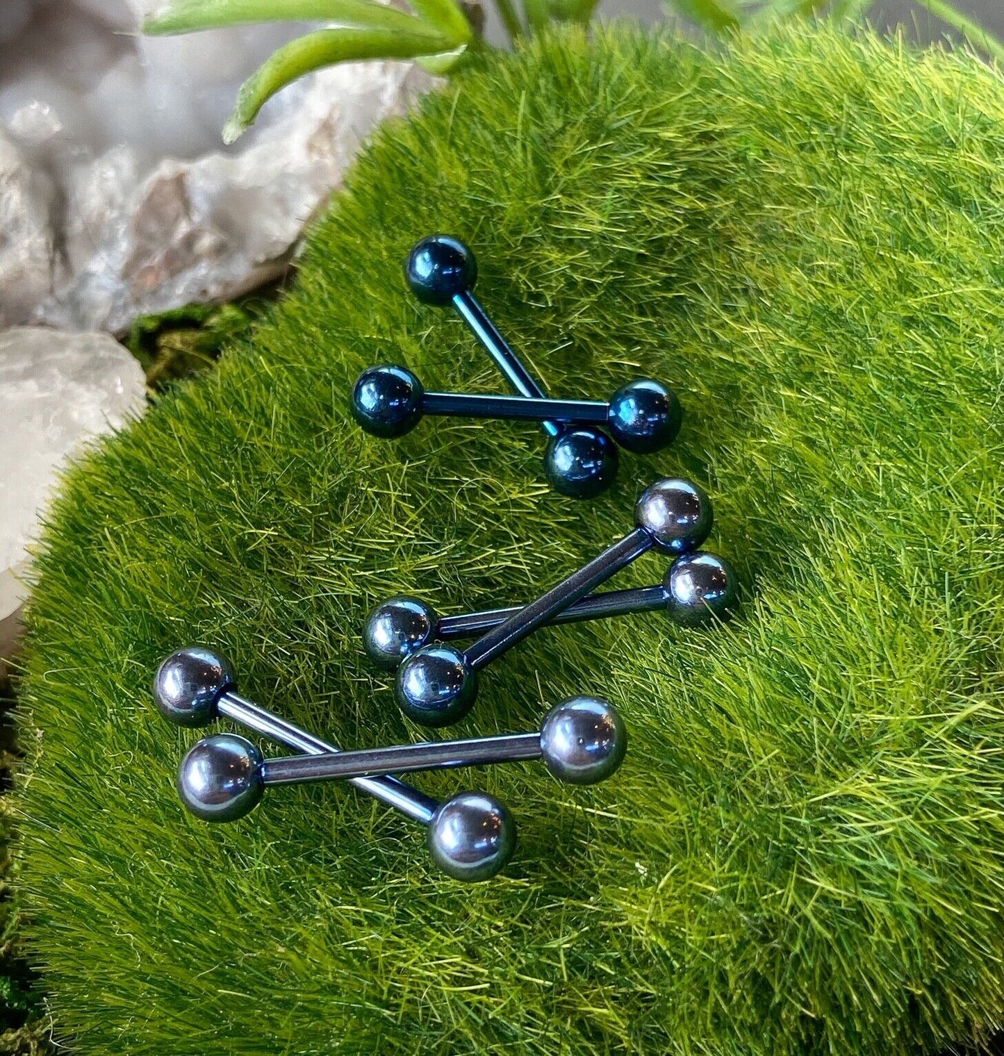 PAIR Blue Titanium Nipple Barbells Tongue Rings 14g - choose your length