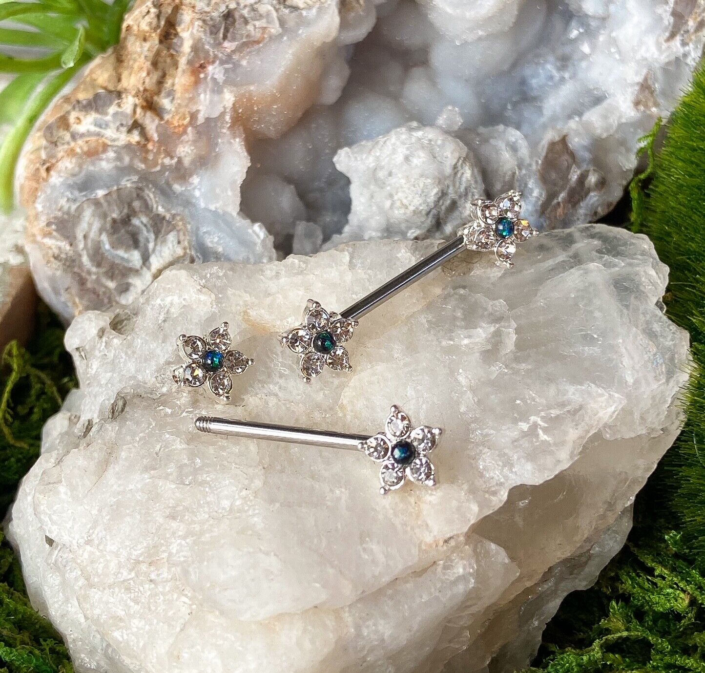 PAIR CZ Gem Flower w/ Opal Glitter Center Nipple Rings Shields Steel Barbells