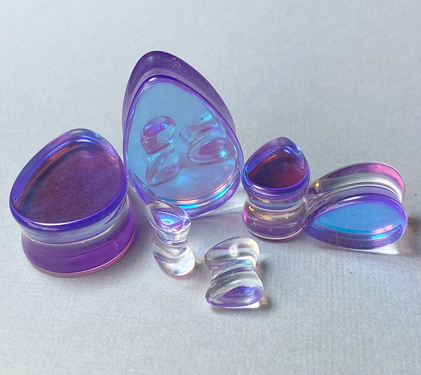 PAIR Mermaid Iridescent Glass Tear Drop Double Flare Plugs Gauges Body Jewelry