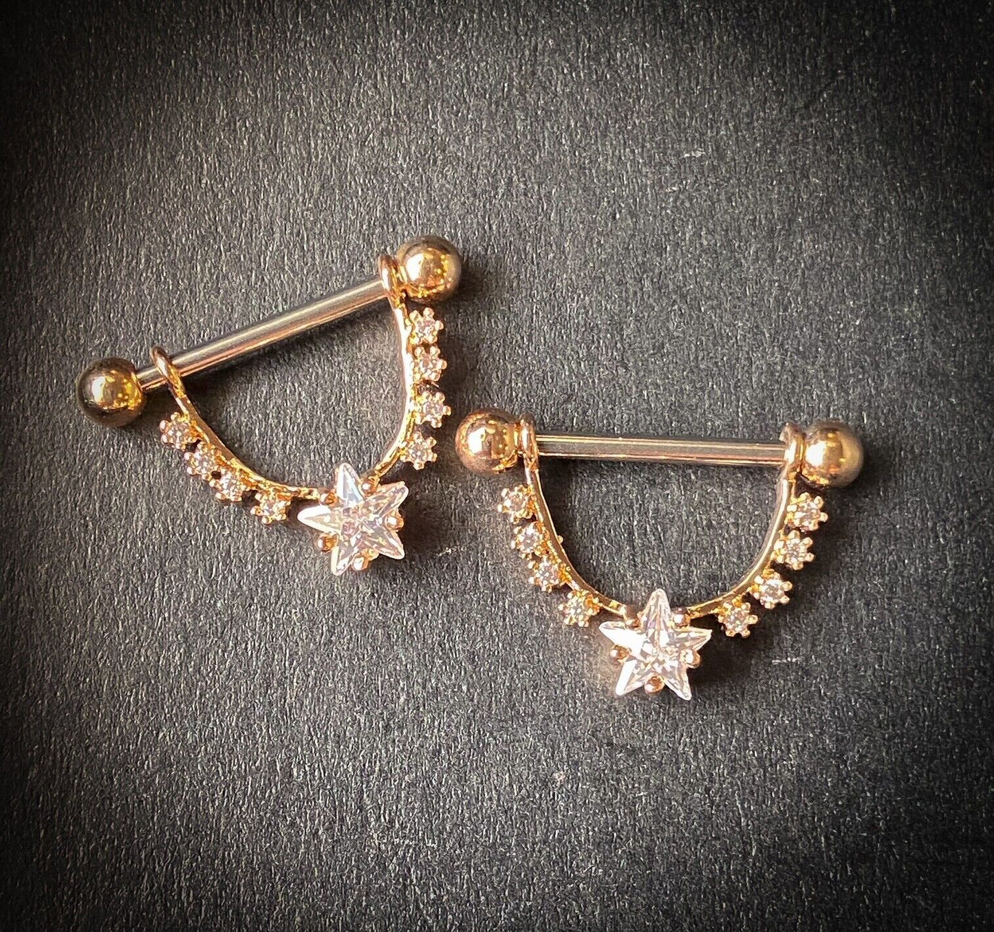 PAIR CZ Gem Star Center Dangle Nipple Ring Shields Pierced Body Piercing Jewelry