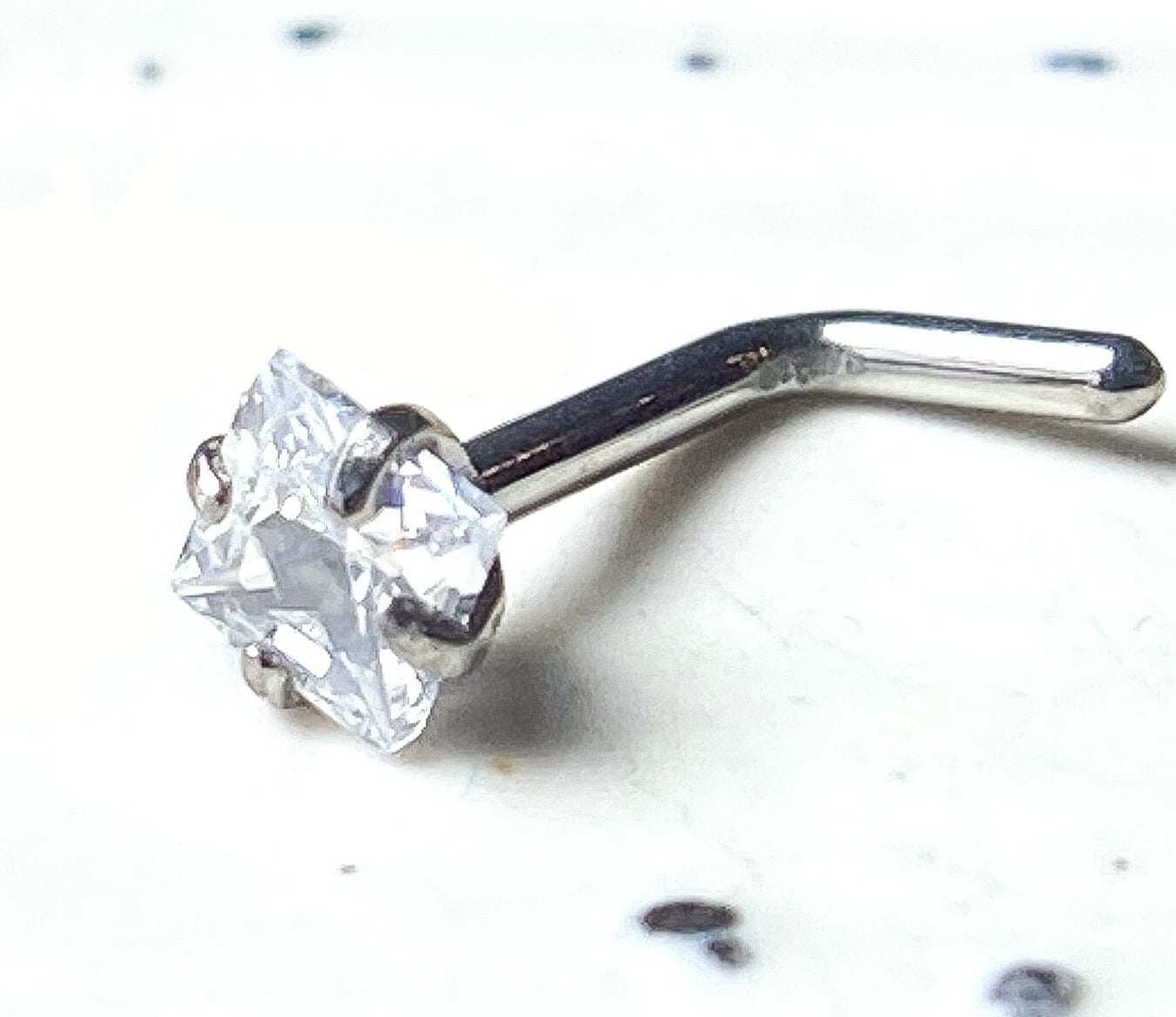 1pc Solid Grade 23 Titanium L-Bend Nose Ring w/ Square 3mm CZ Gem Stud Screw