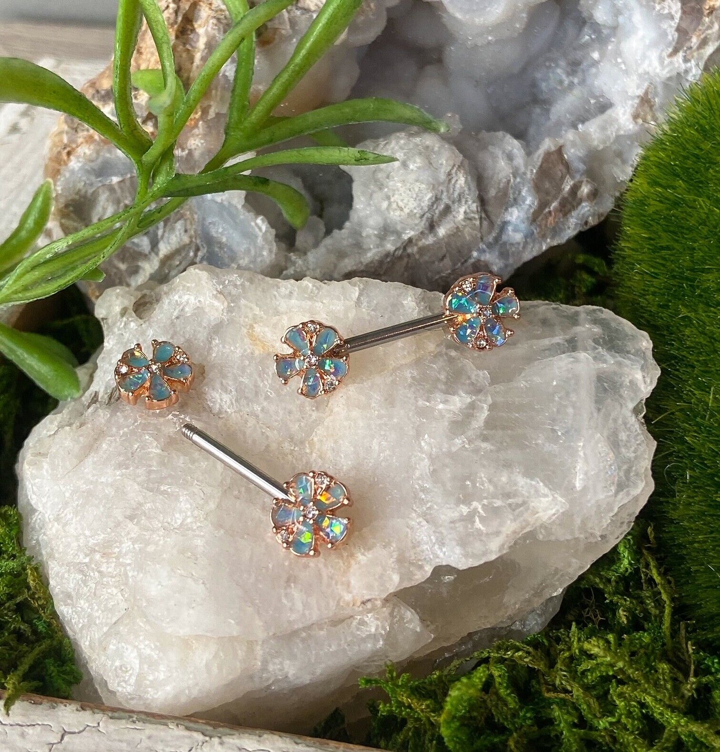 PAIR Opal Glitter Flower Petals Nipple Rings Rose Gold Shields Barbells