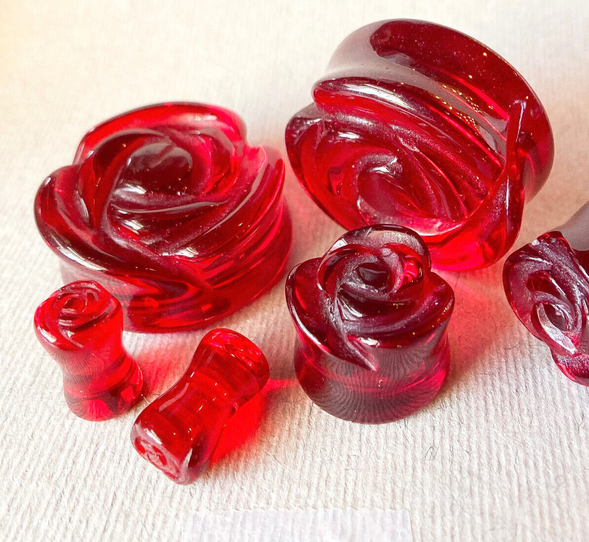 PAIR Carved Rose Flower Red Glass Double Flare Plugs Gauges Tunnels Jewelry