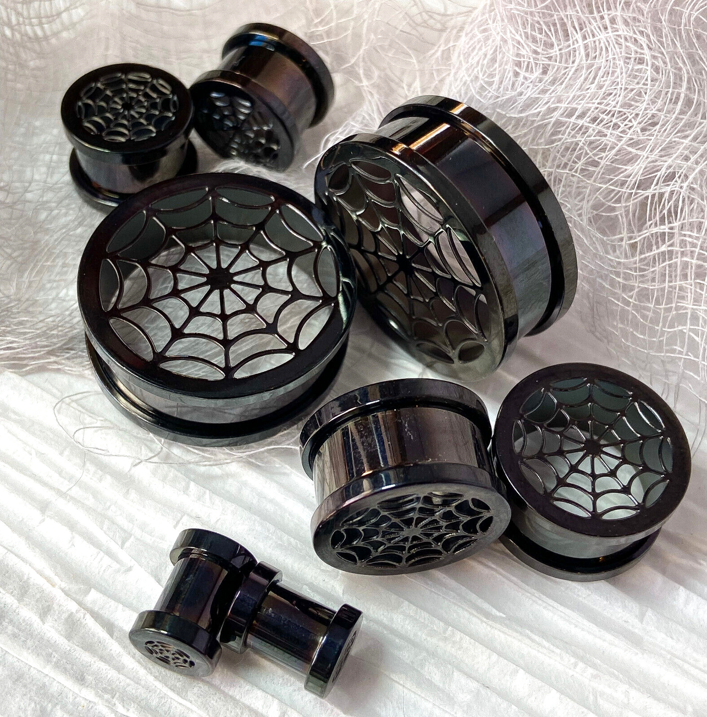 PAIR Black Spider Web Surgical Steel Tunnels Spiderweb Ear Plugs Earlets Gauges