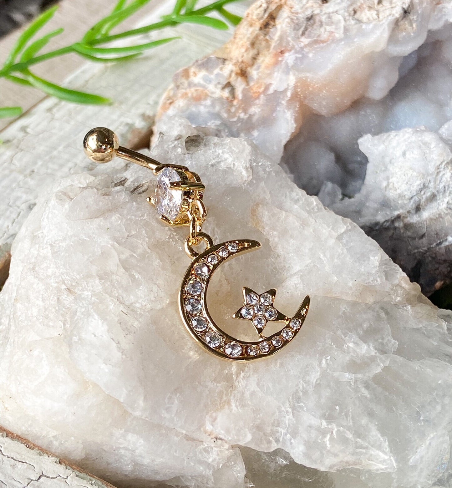 Gold Moon CZ Clear Gem Dangle Belly Ring Navel Piercing Pierced Naval Jewelry
