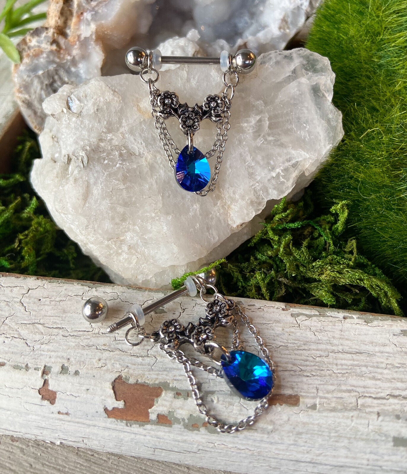 PAIR Gem Flowers, Crystal Pear & Chains Dangle Nipple Rings Shields Body Jewelry