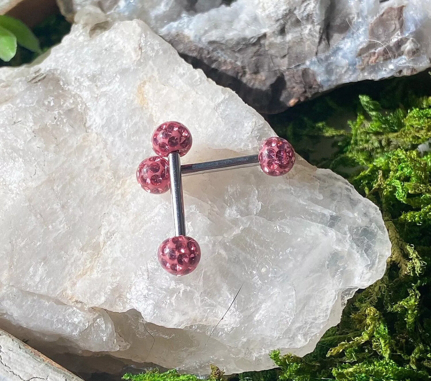 PAIR Epoxy Coated Crystal Paved Balls Nipple Rings Tongue Barbells Int. Threaded