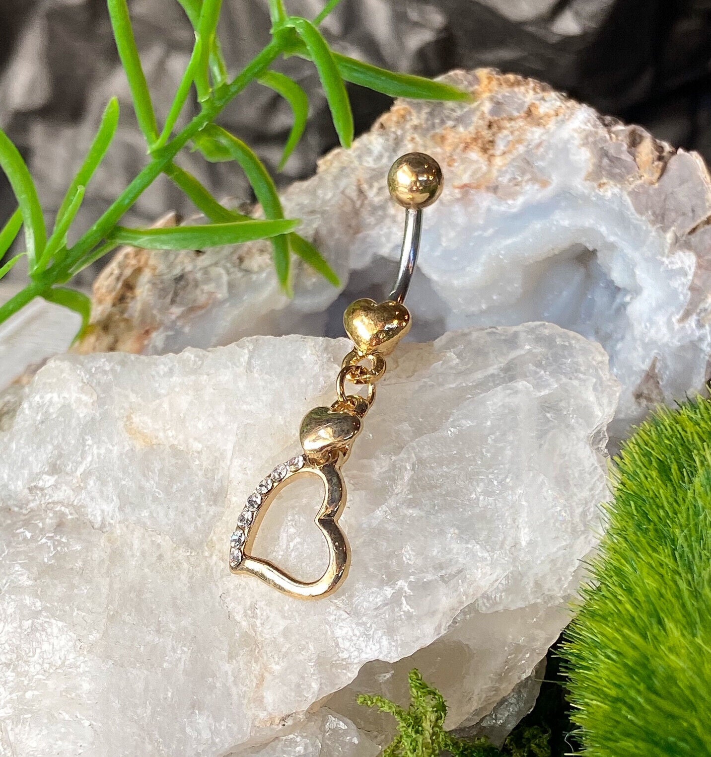 Gold Hollow Heart Dangle CZ Gem Belly Ring Navel Piercing Pierced Naval Jewelry