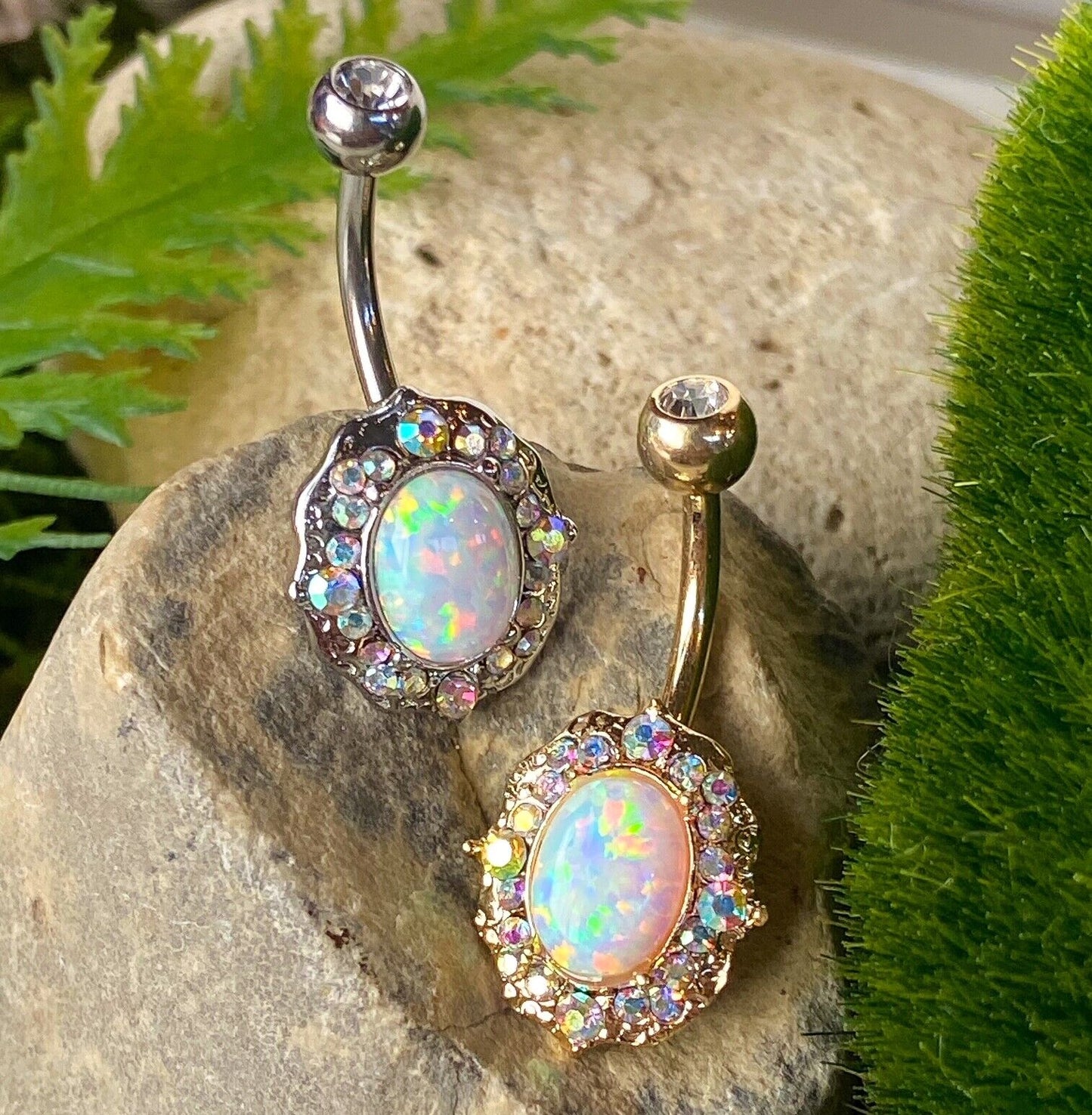 Opal Center Belly Ring Paved Aurora Borealis Gems Pierced Navel IP 14k Gold