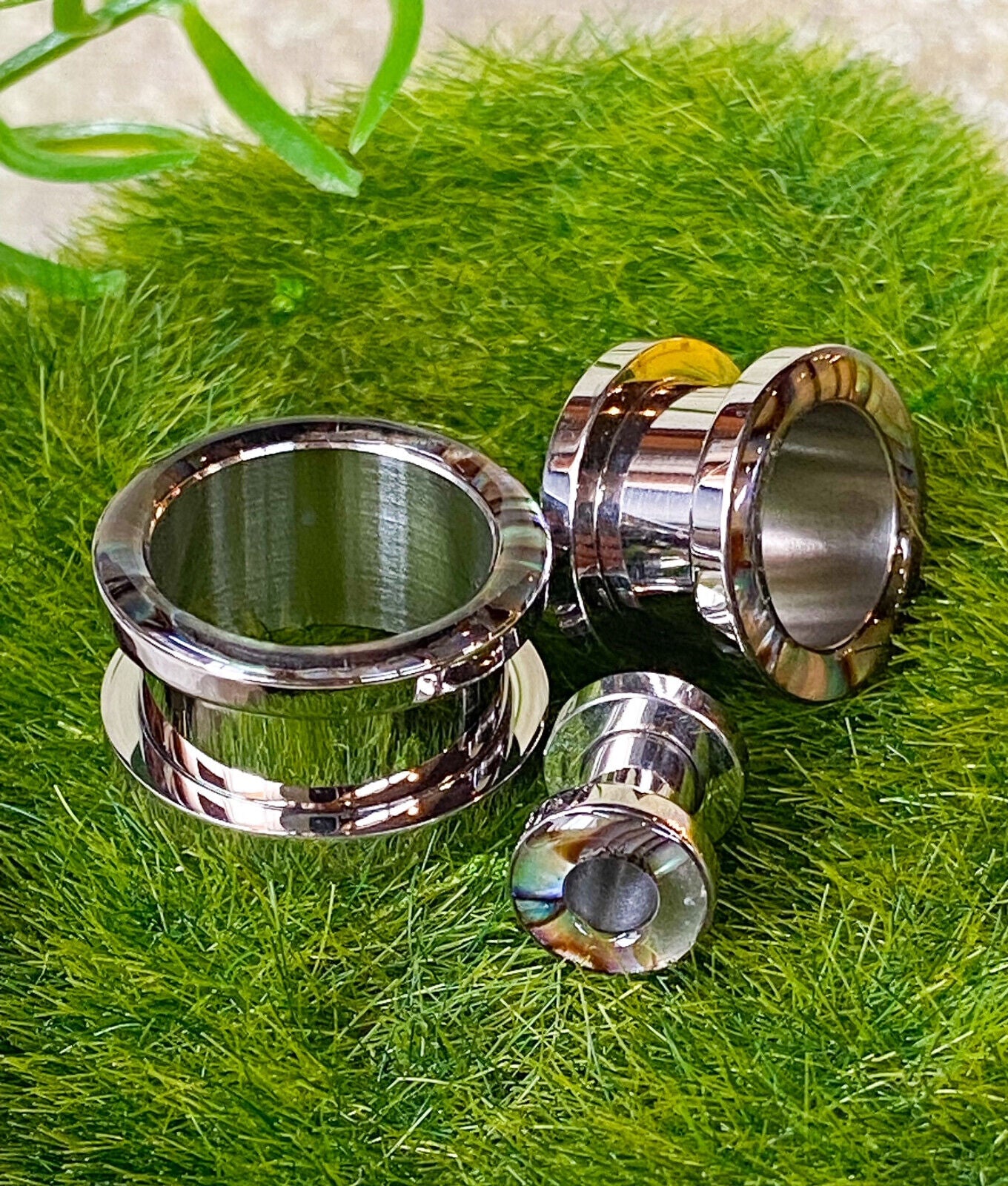 PAIR of Beautiful Abalone Inlay Steel Screw Fit Tunnels - Gauges 4g (5mm) thru 5/8" (16mm)