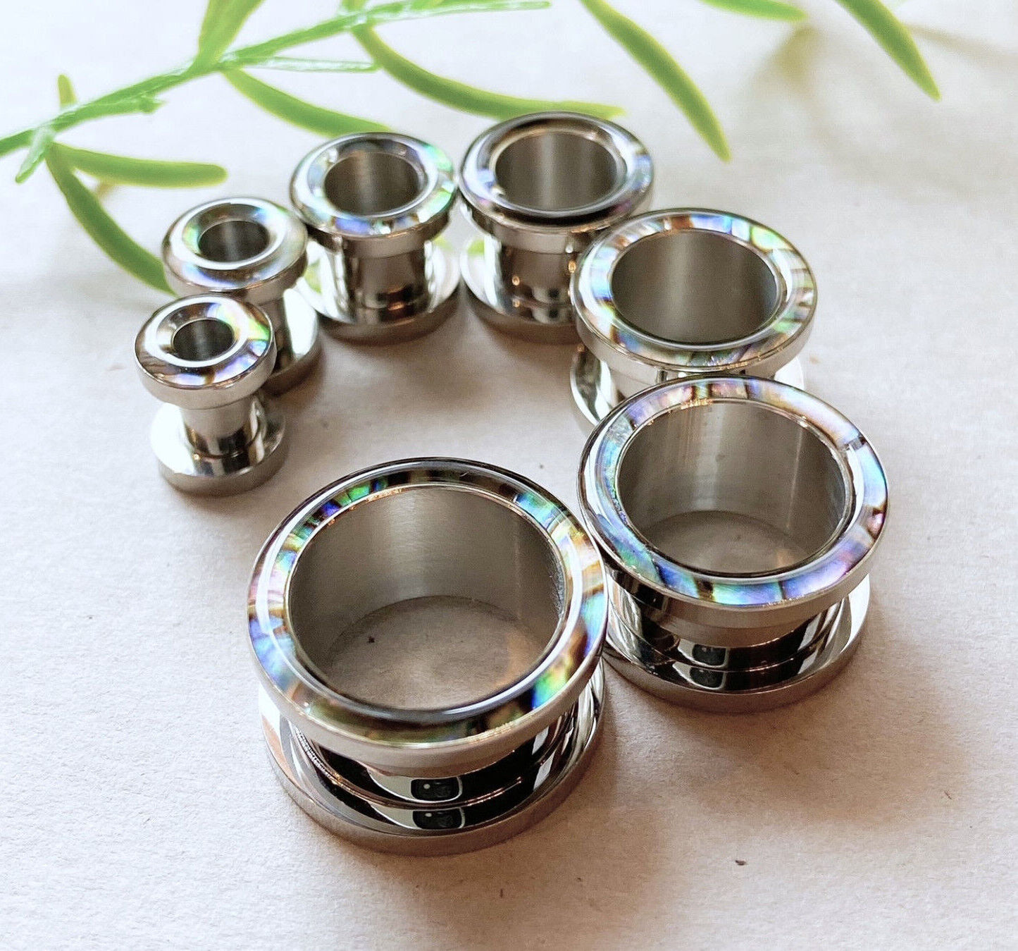 PAIR of Beautiful Abalone Inlay Steel Screw Fit Tunnels - Gauges 4g (5mm) thru 5/8" (16mm) available!